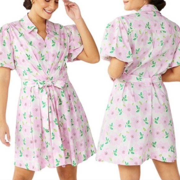 Draper James Dresses & Skirts - Draper James RSVP Puff Sleeve Shirt Dress Pink Floral Size M Medium Tie‎ Waist
